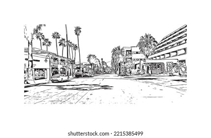building view with landmark of Palm Springs is the 
city in California. Hand drawn sketch illustration in vector. 