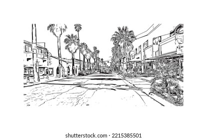 building view with landmark of Palm Springs is the 
city in California. Hand drawn sketch illustration in vector. 