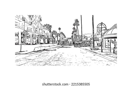 building view with landmark of Palm Springs is the 
city in California. Hand drawn sketch illustration in vector. 