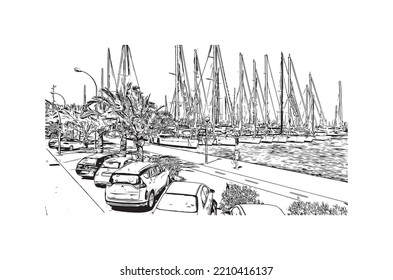 Building view with landmark of Palma is the 
city in Spain. Hand drawn sketch illustration in vector.