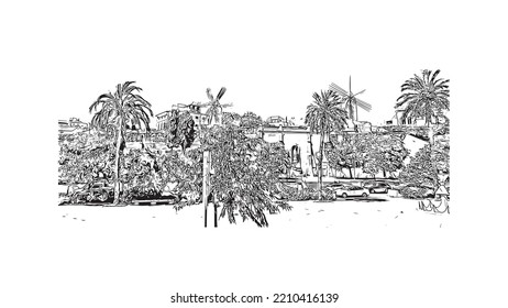 Building view with landmark of Palma is the 
city in Spain. Hand drawn sketch illustration in vector.