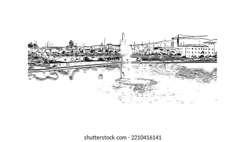 Building view with landmark of Palma is the 
city in Spain. Hand drawn sketch illustration in vector.