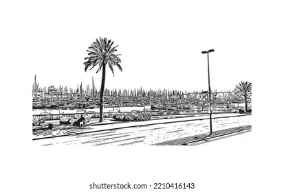 Building view with landmark of Palma is the 
city in Spain. Hand drawn sketch illustration in vector.