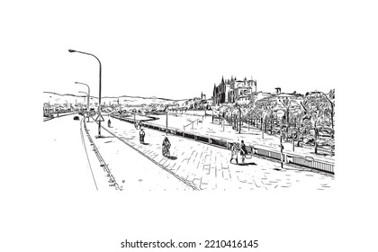 Building view with landmark of Palma is the 
city in Spain. Hand drawn sketch illustration in vector.