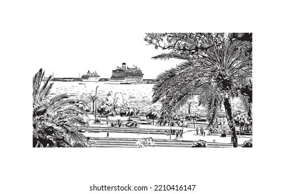 Building view with landmark of Palma is the 
city in Spain. Hand drawn sketch illustration in vector.