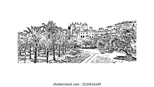 Building view with landmark of Palma is the 
city in Spain. Hand drawn sketch illustration in vector.