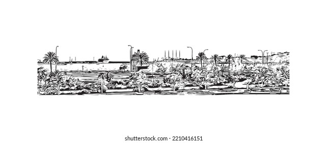 Building view with landmark of Palma is the 
city in Spain. Hand drawn sketch illustration in vector.