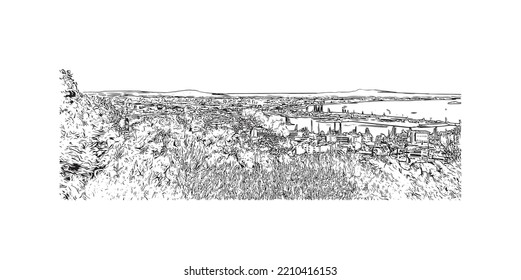 Building view with landmark of Palma is the 
city in Spain. Hand drawn sketch illustration in vector.