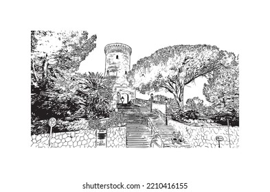 Building view with landmark of Palma is the 
city in Spain. Hand drawn sketch illustration in vector.