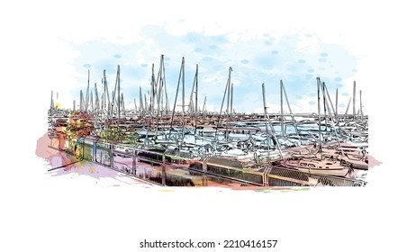 Building view with landmark of Palma is the 
city in Spain. Watercolor splash with hand drawn sketch illustration in vector.