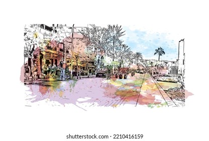 Building view with landmark of Palma is the 
city in Spain. Watercolor splash with hand drawn sketch illustration in vector.
