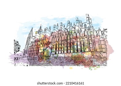 Building view with landmark of Palma is the 
city in Spain. Watercolor splash with hand drawn sketch illustration in vector.