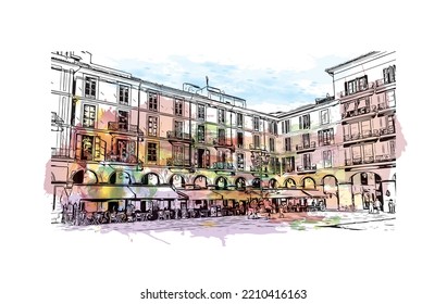Building view with landmark of Palma is the 
city in Spain. Watercolor splash with hand drawn sketch illustration in vector.