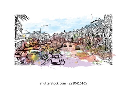 Building view with landmark of Palma is the 
city in Spain. Watercolor splash with hand drawn sketch illustration in vector.