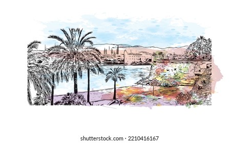 Building view with landmark of Palma is the 
city in Spain. Watercolor splash with hand drawn sketch illustration in vector.