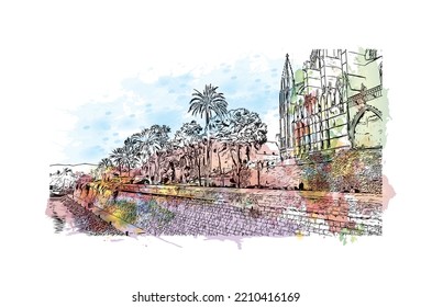 Building view with landmark of Palma is the 
city in Spain. Watercolor splash with hand drawn sketch illustration in vector.