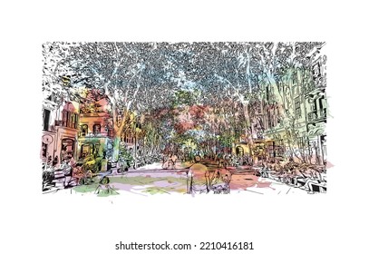 Building view with landmark of Palma is the 
city in Spain. Watercolor splash with hand drawn sketch illustration in vector.