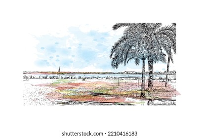 Building view with landmark of Palma is the 
city in Spain. Watercolor splash with hand drawn sketch illustration in vector.