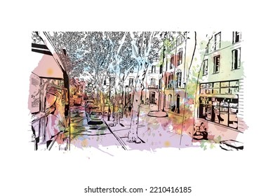 Building view with landmark of Palma is the 
city in Spain. Watercolor splash with hand drawn sketch illustration in vector.