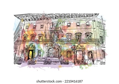 Building view with landmark of Palma is the 
city in Spain. Watercolor splash with hand drawn sketch illustration in vector.