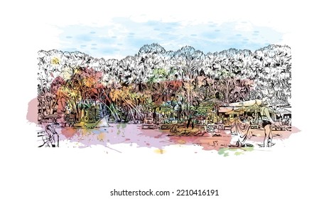 Building view with landmark of Palma is the 
city in Spain. Watercolor splash with hand drawn sketch illustration in vector.