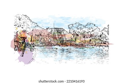 Building view with landmark of Palma is the 
city in Spain. Watercolor splash with hand drawn sketch illustration in vector.