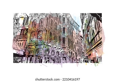 Building view with landmark of Palma is the 
city in Spain. Watercolor splash with hand drawn sketch illustration in vector.