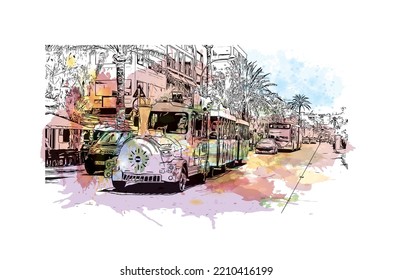 Building view with landmark of Palma is the 
city in Spain. Watercolor splash with hand drawn sketch illustration in vector.