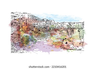 Building view with landmark of Palma is the 
city in Spain. Watercolor splash with hand drawn sketch illustration in vector.
