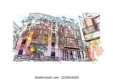 Building view with landmark of Palma is the 
city in Spain. Watercolor splash with hand drawn sketch illustration in vector.