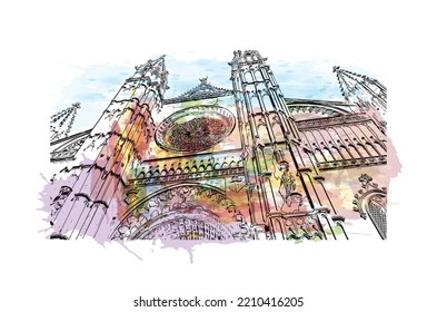 Building view with landmark of Palma is the 
city in Spain. Watercolor splash with hand drawn sketch illustration in vector.