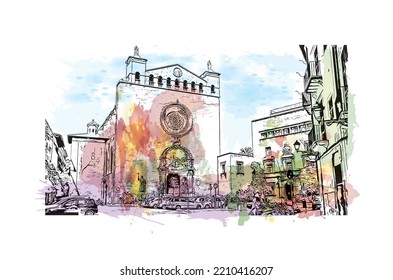 Building view with landmark of Palma is the 
city in Spain. Watercolor splash with hand drawn sketch illustration in vector.