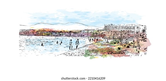 Building view with landmark of Palma is the 
city in Spain. Watercolor splash with hand drawn sketch illustration in vector.
