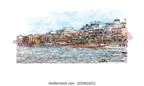 Building view with landmark of Palma is the 
city in Spain. Watercolor splash with hand drawn sketch illustration in vector.