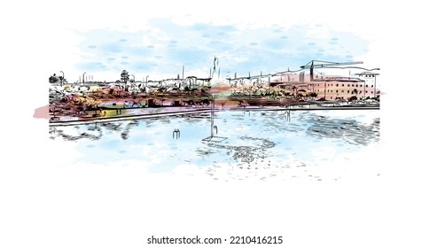 Building view with landmark of Palma is the 
city in Spain. Watercolor splash with hand drawn sketch illustration in vector.