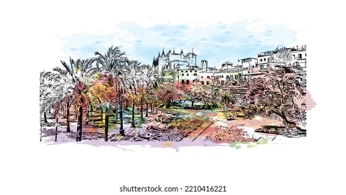 Building view with landmark of Palma is the 
city in Spain. Watercolor splash with hand drawn sketch illustration in vector.