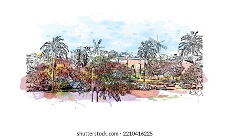 Building view with landmark of Palma is the 
city in Spain. Watercolor splash with hand drawn sketch illustration in vector.