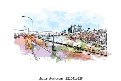 Building view with landmark of Palma is the 
city in Spain. Watercolor splash with hand drawn sketch illustration in vector.