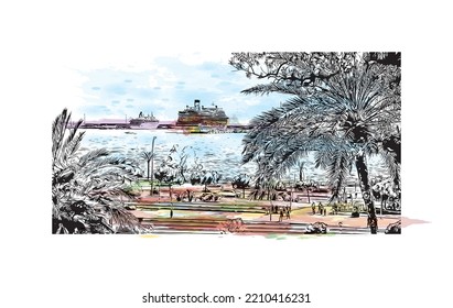 Building view with landmark of Palma is the 
city in Spain. Watercolor splash with hand drawn sketch illustration in vector.