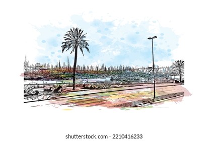 Building view with landmark of Palma is the 
city in Spain. Watercolor splash with hand drawn sketch illustration in vector.