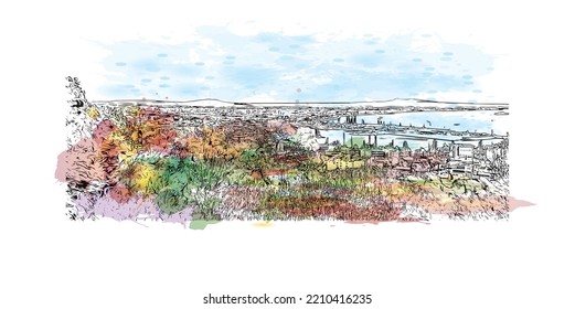 Building view with landmark of Palma is the 
city in Spain. Watercolor splash with hand drawn sketch illustration in vector.
