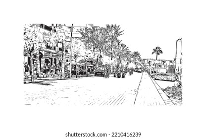 Building view with landmark of Palma is the 
city in Spain. Hand drawn sketch illustration in vector.