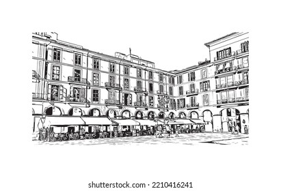 Building view with landmark of Palma is the 
city in Spain. Hand drawn sketch illustration in vector.