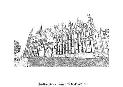 Building view with landmark of Palma is the 
city in Spain. Hand drawn sketch illustration in vector.