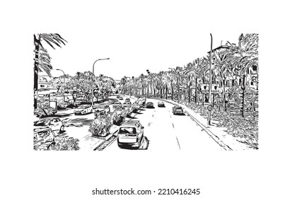 Building view with landmark of Palma is the 
city in Spain. Hand drawn sketch illustration in vector.