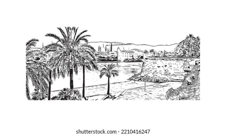 Building view with landmark of Palma is the 
city in Spain. Hand drawn sketch illustration in vector.