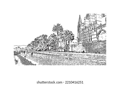 Building view with landmark of Palma is the 
city in Spain. Hand drawn sketch illustration in vector.
