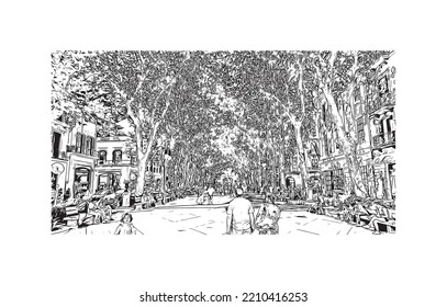 Building view with landmark of Palma is the 
city in Spain. Hand drawn sketch illustration in vector.