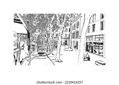 Building view with landmark of Palma is the 
city in Spain. Hand drawn sketch illustration in vector.