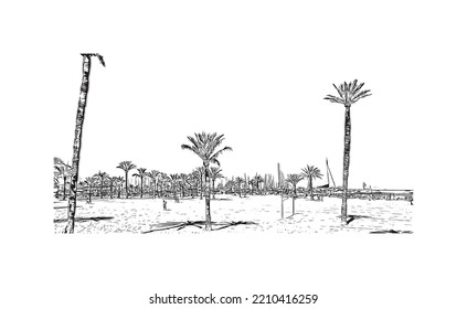 Building view with landmark of Palma is the 
city in Spain. Hand drawn sketch illustration in vector.